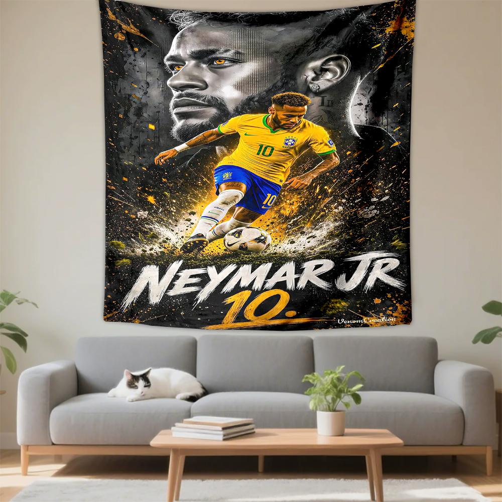 Neymar Jr Brazil National Team #10 Gold Burst Portrait Soccer Fans Decorative Wall Tapestry for Bohemian Home Wall