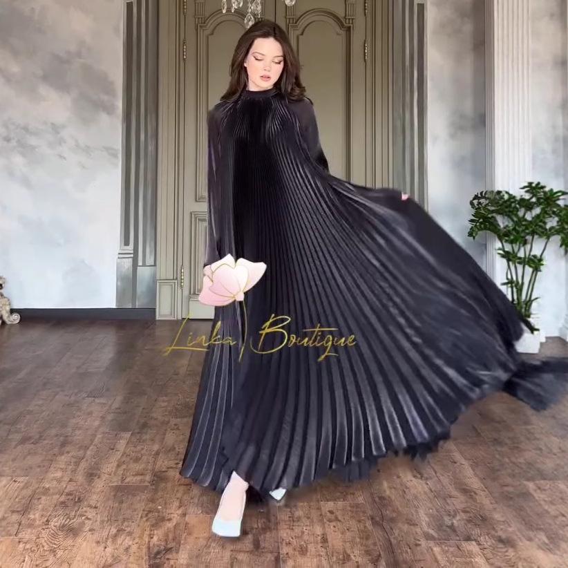 Женское платье-халат с длинным рукавом «летучая мышь», плиссированное, с круглым вырезом, осень 2025