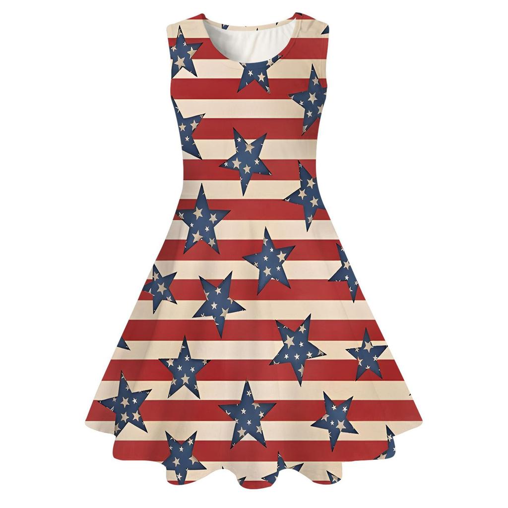 Summer Casual Loose Print Sweet Girl Sleeveless Princess Independence Day Dress