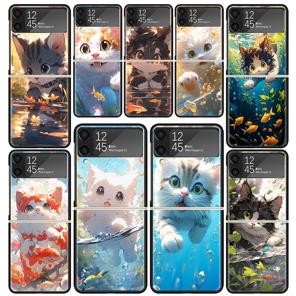 Мультяшные Милые Кошки Рыбки Эстетичные Чехлы Для Samsung Galaxy Z Flip 4 5 6 7 3 Z Flip7 Flip6 Flip4 Flip5 Flip3 5G Жесткие Ударопрочные Забавные