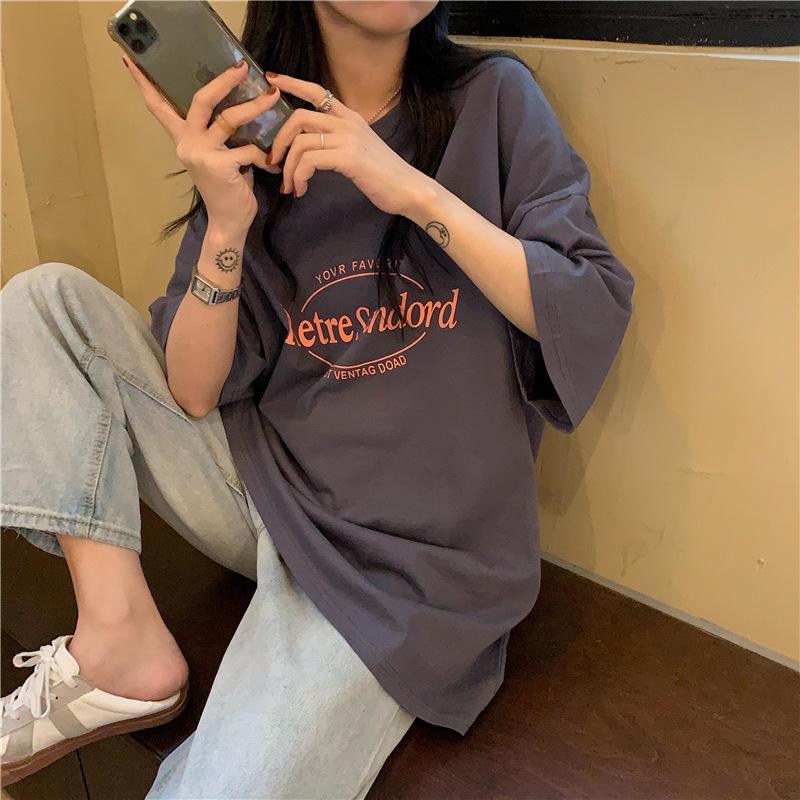 Лето 2024 Корейский Ретро Средней Длины Свободный Большого Размера Модная Женская Футболка с Коротким Рукавом