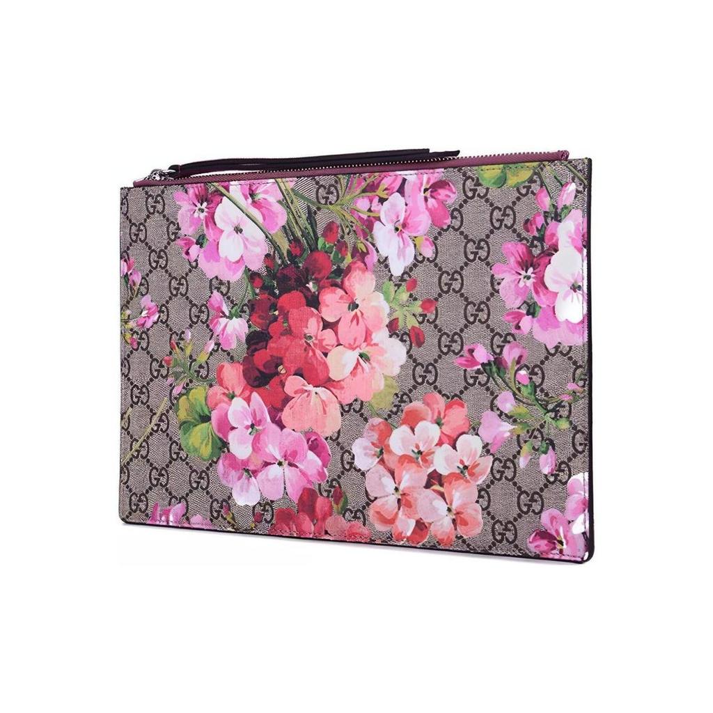 Gucci GG Supreme Canvas Blooms Print Large Zip Pouch Clutch Bag In Brown For Women Daily Use