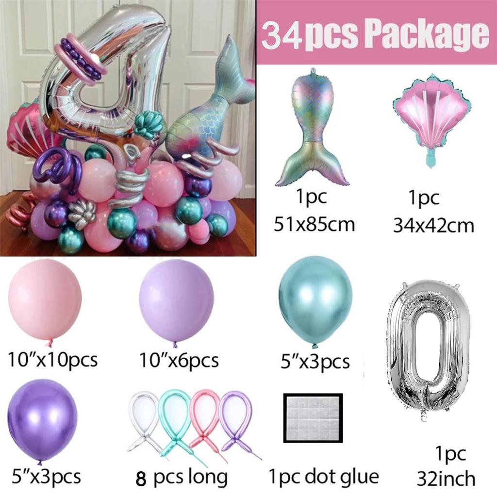 34 шт. воздушные шары с хвостом русалки, розовый, фиолетовый, воздушный шар из фольги с номером, детские украшения для дня рождения, вечерние шары с русалочкой