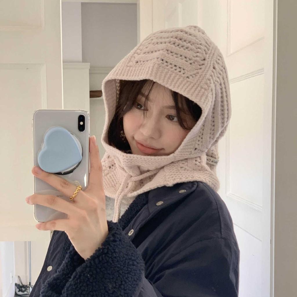 Hollow drawstring balaclava hat hooded scarf integrated knitted hat winter warm wool hat thickened
