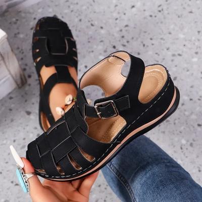 Мода 2025 Сандалии с закрытым носком для женщин, Повседневные сандалии для улицы, Круглый носок, Ремешок с пряжкой, Большие размеры, Обувь на танкетке