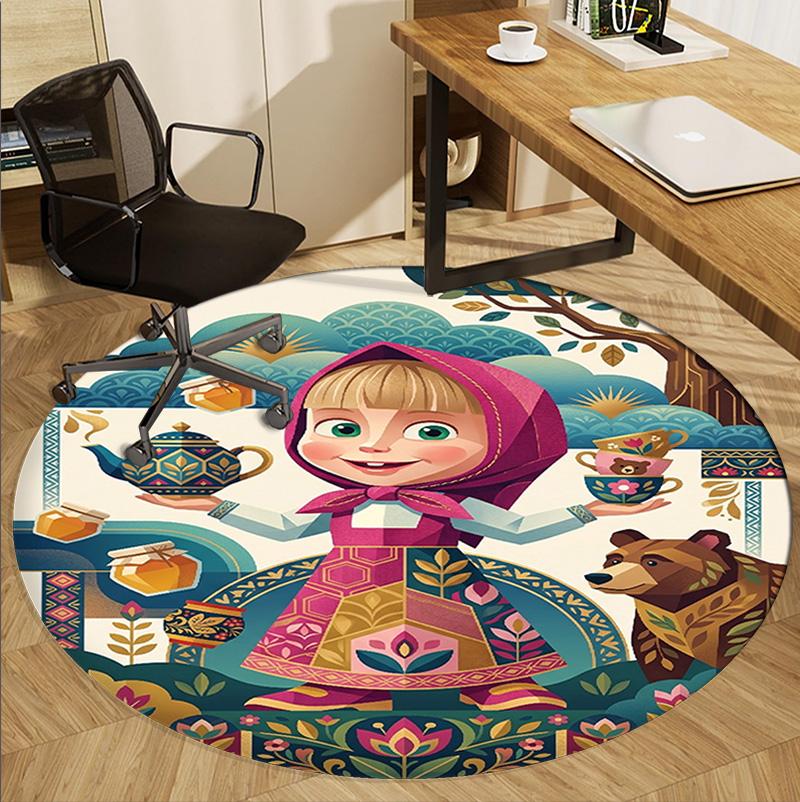 Masha and the Bear Pattern Round Rug, Indoor/Outdoor Mat, for Picnic, Gameroom, Bedroom, Office, Living Room, Home Decor Carpet, Birthday Gift