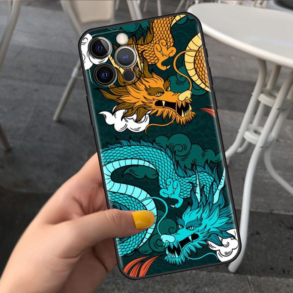 Чехол для Apple iPhone 14 11 13 7 12 Pro 7 XR XS Max 8 Plus 6 14Pro черный мягкий чехол для телефона Funda Fashion китайский винтажный дракон
