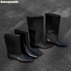 Модные ботинки из коровьей кожи, новые осенне-зимние, в корейском стиле, простые ботинки с квадратным носком, натягивающиеся, на низком каблуке, ботинки-рыцари, женские ботинки-чулки средней длины