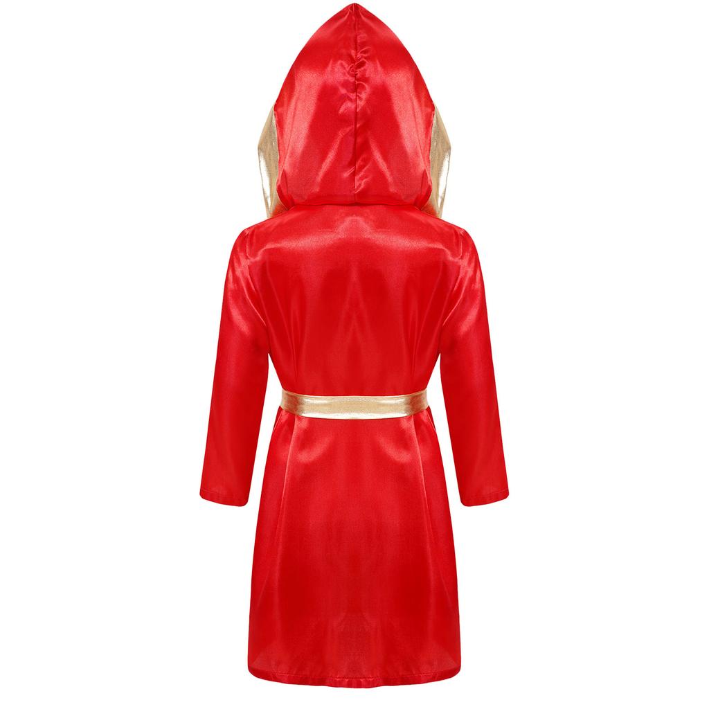 Kids Boys Boxing Robe Thai Kickboxing Costume Long Sleeve Open Front Hoodie Cloak with Belt Workout Sports Fitness Joggers