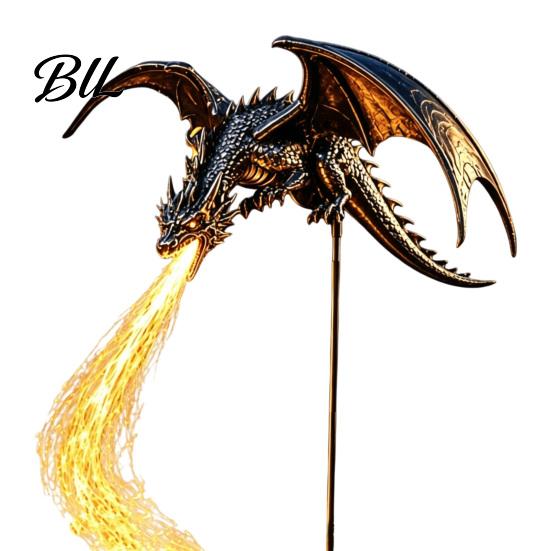 Decorative Patio Yard Art Solar Dragon Garden Stake Light with Breathing Flame Fiber Optic Effects, Metal Outdoor Ornaments Waterproof Powered
