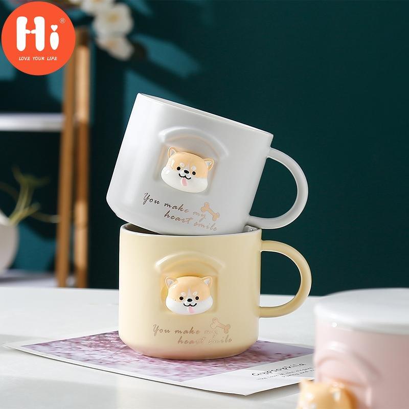 Hi 3D Ceramic Shiba Inu Akita Dog Coffee Mug Fancy Cartoon Animal Tea Cup With Lid And Spoon For Dog Lovers Milk Hot Water Mug