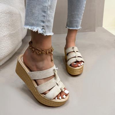 Темпераментные танкетки Летние новые туфли с круглым носком и открытым носком из фланели на платформе Противоскользящие износостойкие туфли на высоком каблуке