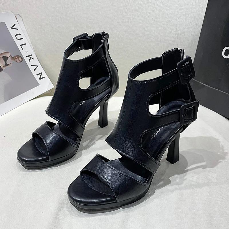 Мода 2024 года, лето, новая женская мода, пряжка ремня, выемка, высокие каблуки, молния сзади, открытый носок, тонкий каблук, римские сандалии