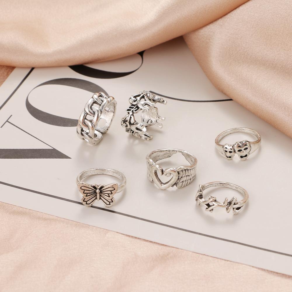 Кольцо в стиле ретро-гримаса с бабочкой. Модное трендовое кольцо. Женское кольцо из шести частей. Регулируемое кольцо в форме сердца.