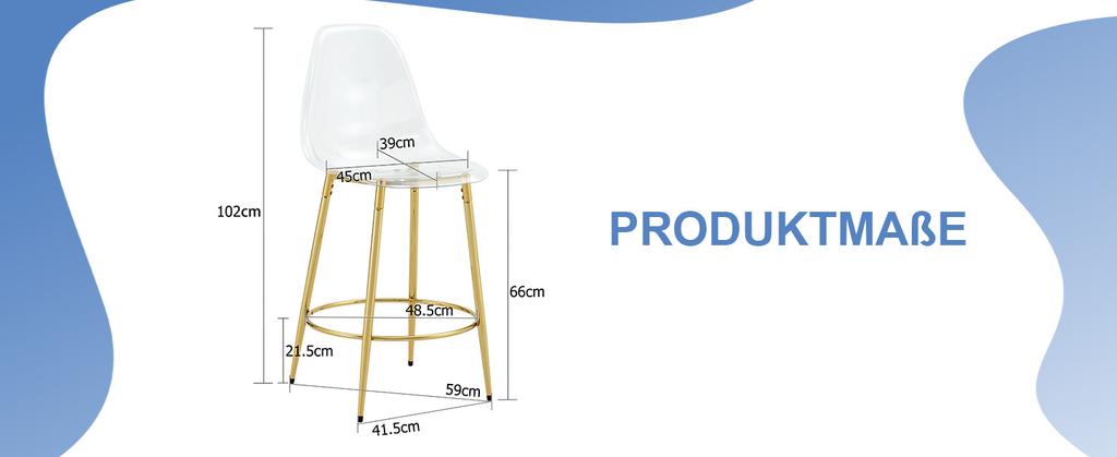 Set of 2 Transparent Bar Stools, Floating Design - Ideal for European Open Kitchens. Gold Metal Legs Match Light Luxury Minimalism. Height: 102 cm.