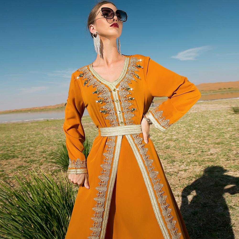 Women's Clothes Solid Color Handmade Rhinestone Stitching Lace Slim Fit Fake Two Piece Muslim Dress