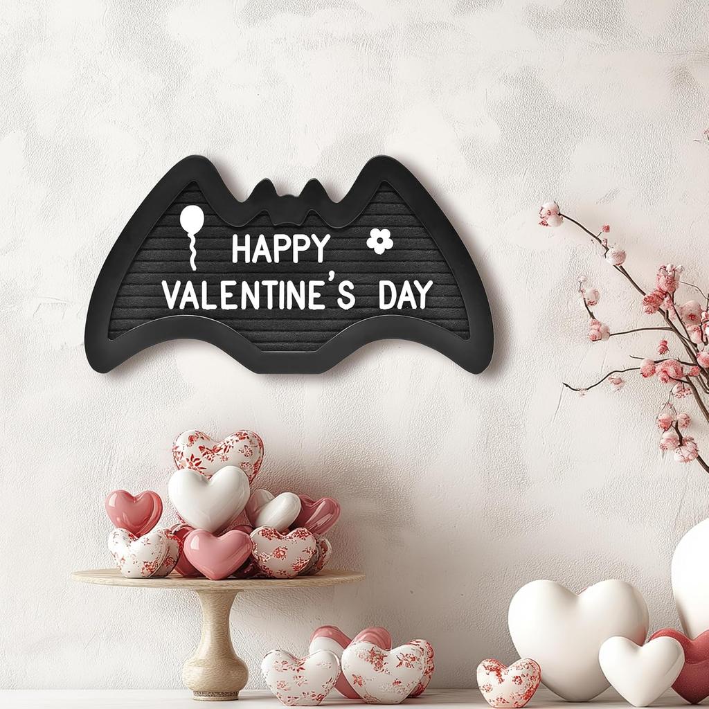 Felt Letter Board Bat Shaped with 394 Letters, Numbers, Symbols - 11x6 inch Changeable Message Board with Wooden Frame Stand, Canvas Bag and Wall