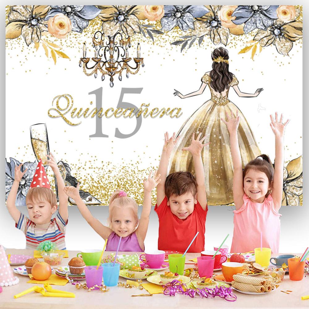 15th Birthday Party Backdrop Custom Decor Floral Crown Pink Rose Quinceañera Princess Flower Butterfly Sweet Girl Dress Photo