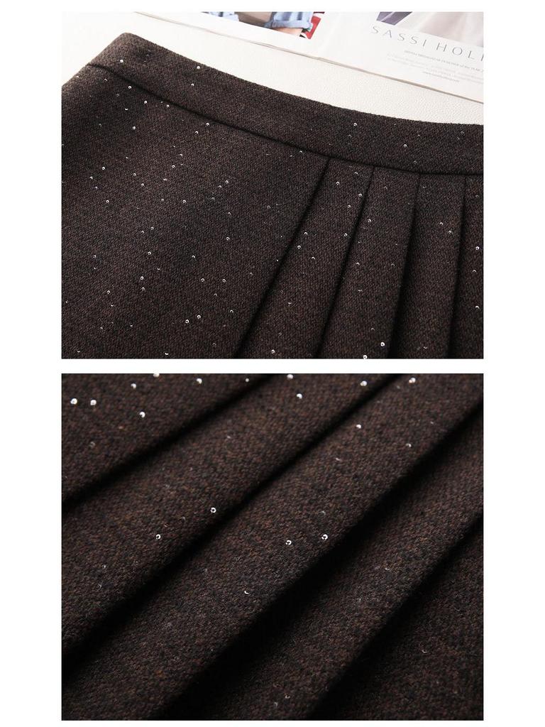 Autumn 2025 Women's High Waist Woolen Midi A-line Bodycon Pleated Skirt