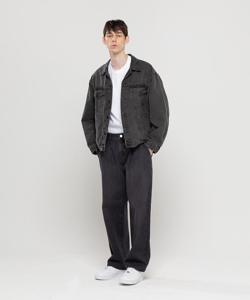 CHAMBROS Non-Faded Wide Denim Pants [Washed Black]