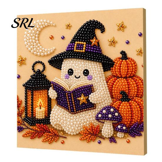 Autumn Home Decor Ghost Faux Pearl Art Kit, Halloween Pumpkin Painting DIY Decorative Canvas Projects 3D Spooky Skull Craft Kit for Adults Beginners,
