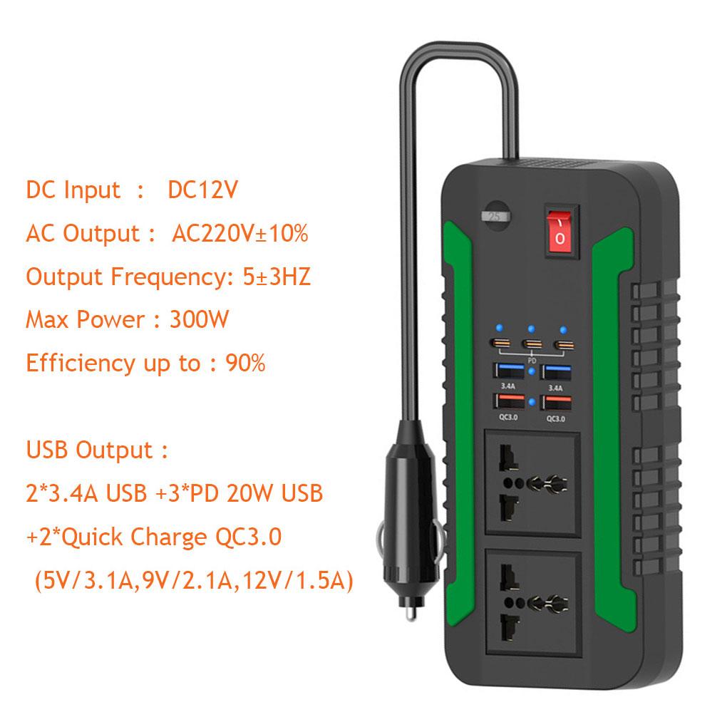 Автомобильный инвертор 300 Вт постоянного тока 12 В/24 В в переменный ток 220 В, преобразователь розеток PD USB, разъем для быстрой зарядки, адаптер питания, инвертор, источник питания