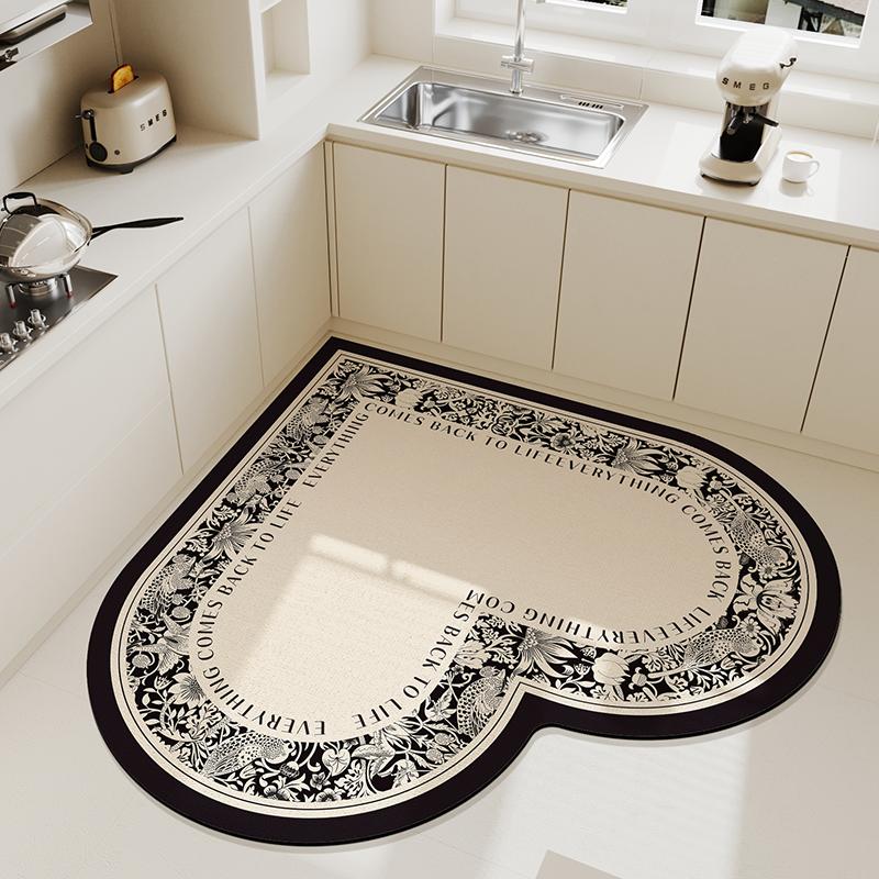 Creative Beige Heart Pattern Kitchen Floor Mat Cream Style Irregular Decoration Home Carpet Easy To Clean Easy Care PVC Foot Mat