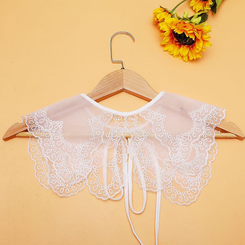 Women's Faux Collar: Versatile Double-Layered Embroidered Shawl with Bow Tie and Lace Detailing.