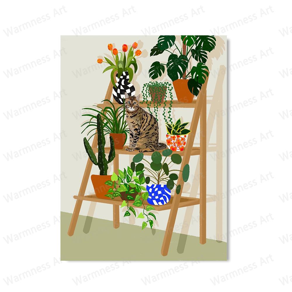 Cat Lover Gifts Funny Cats Posters Green Plant Paintings Print On Canvas Boho Style Wall Art For Kitchen Animal Home Decoration