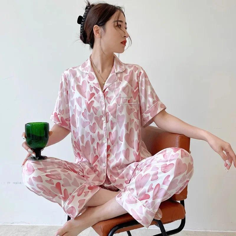 Pijama Satin Ipak Bahor Yoz Qisqa Yengli Uzun Shim Sevgi Yuragi Yupqa Uyqu Kiyimi Ayollar Salqin Pijamalar Ayollar Pijamalari