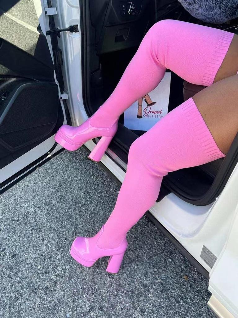 Трикотажная пряжа осень и зима новые круглые носки толстый каблук высокие сапоги для женщин теплые вязаные эластичные носки сапоги длинные сапоги-трубы