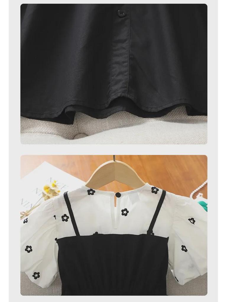 Летнее черное платье принцессы в стиле вестерн для девочек: Новый образ из двух частей в корейском стиле.