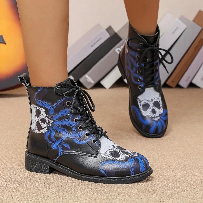 Street Fashion Graffiti Goth Women's Shoes Autumn and Winter High Top Women's Boots Thick Sole Anti-Slip Motorcycle Boots