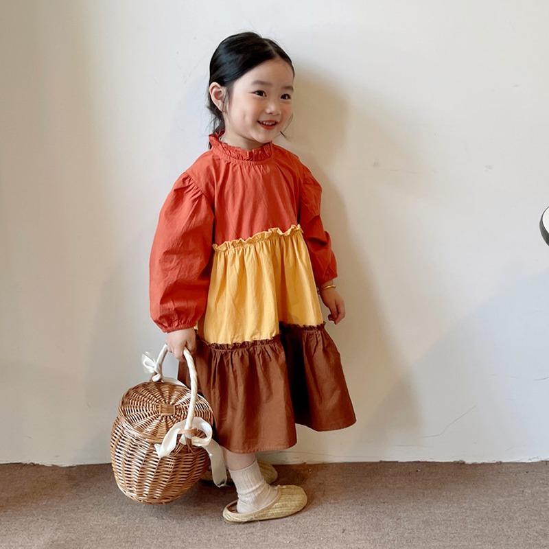 Платье с длинными рукавами для девочек, весна и осень, однотонное лоскутное платье