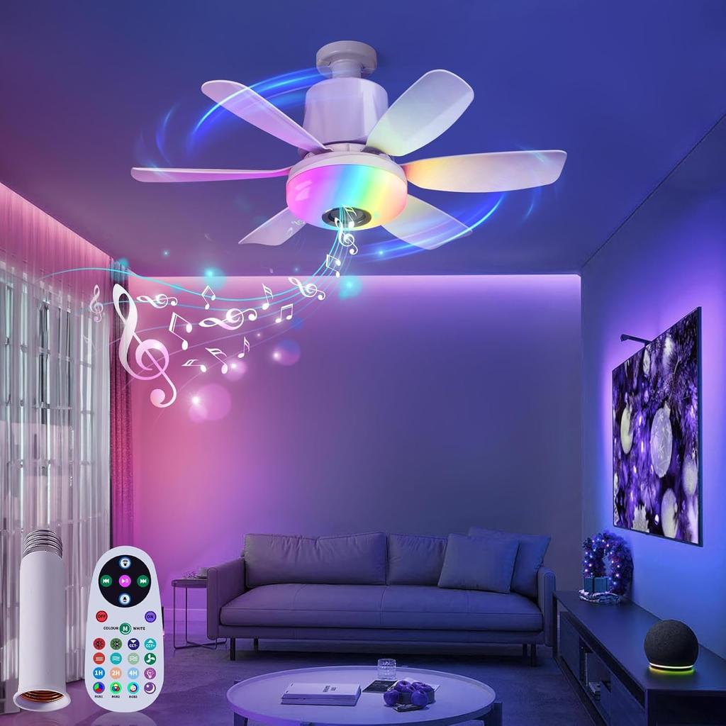 Умный RGB потолочный вентилятор 470 мм со светом LED E27, музыкальным ритмом, пультом ДУ, регулируемой яркостью, BLDC, 3 скорости, таймером, для спальни, гостиной