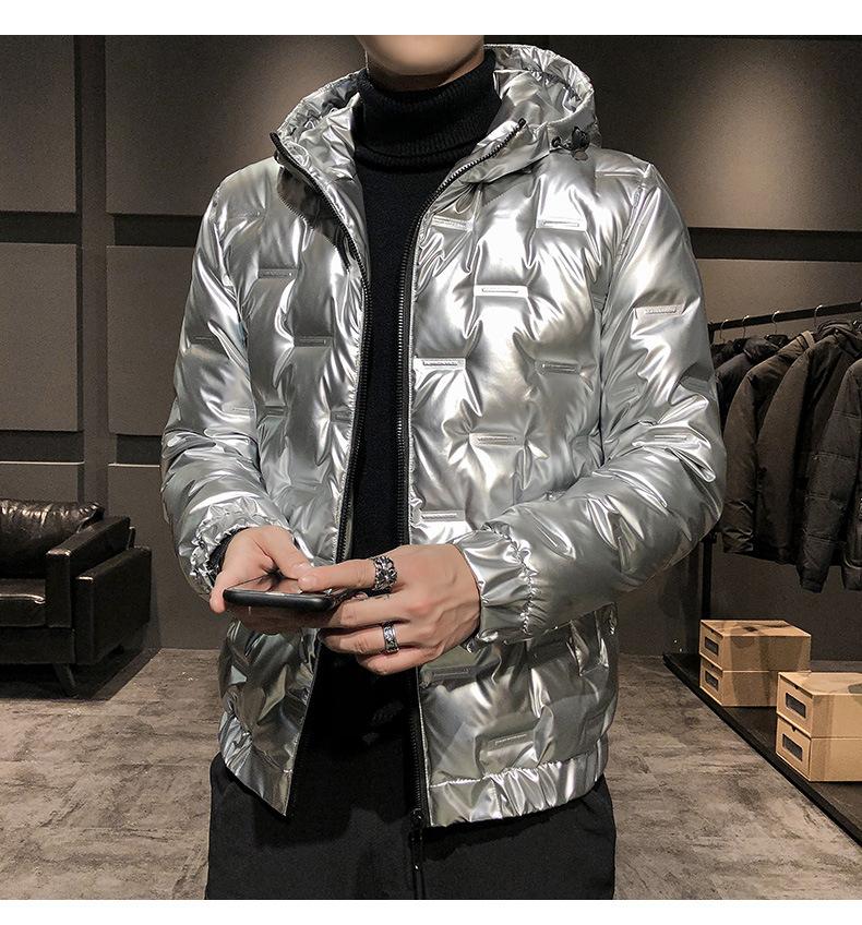 Мужской серебристый блестящий зимний пуховик, мужской теплый короткий белый утиный пух с капюшоном