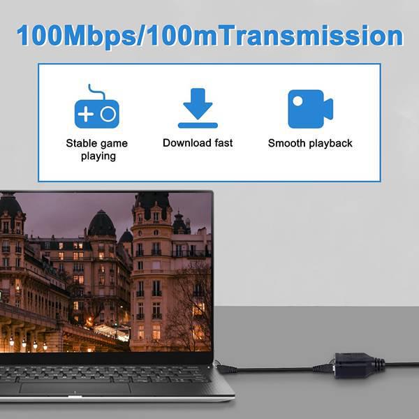 Black PVC RJ45 Network Splitter | 100 Mbps One-to-Two Sharing Device