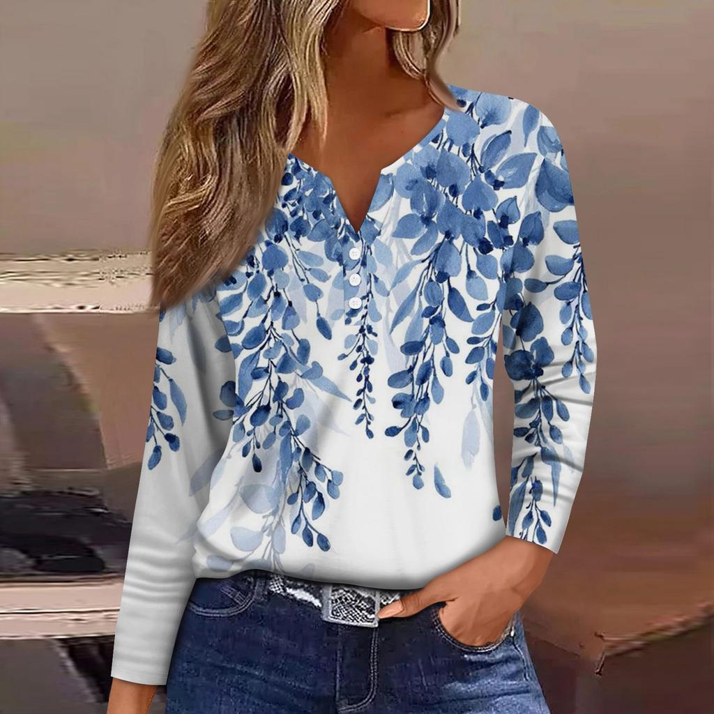Women's T Shirt Tee Button Floral Print Long Sleeve Daily Weekend Fashion Basic V-Neck Regular Top