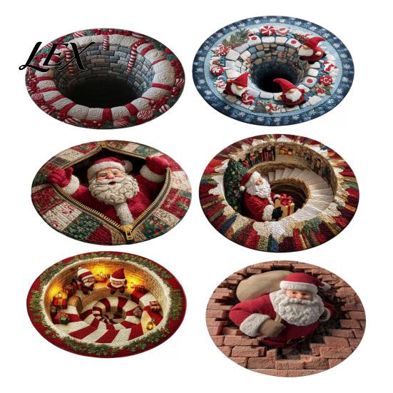 Non Slip Bedroom Accent Rug Christmas Round Area Rug, 3D Optical Illusion Floor Mat with Santa Candy Cane Winter Holiday Carpet Print, Non-Slip Stain