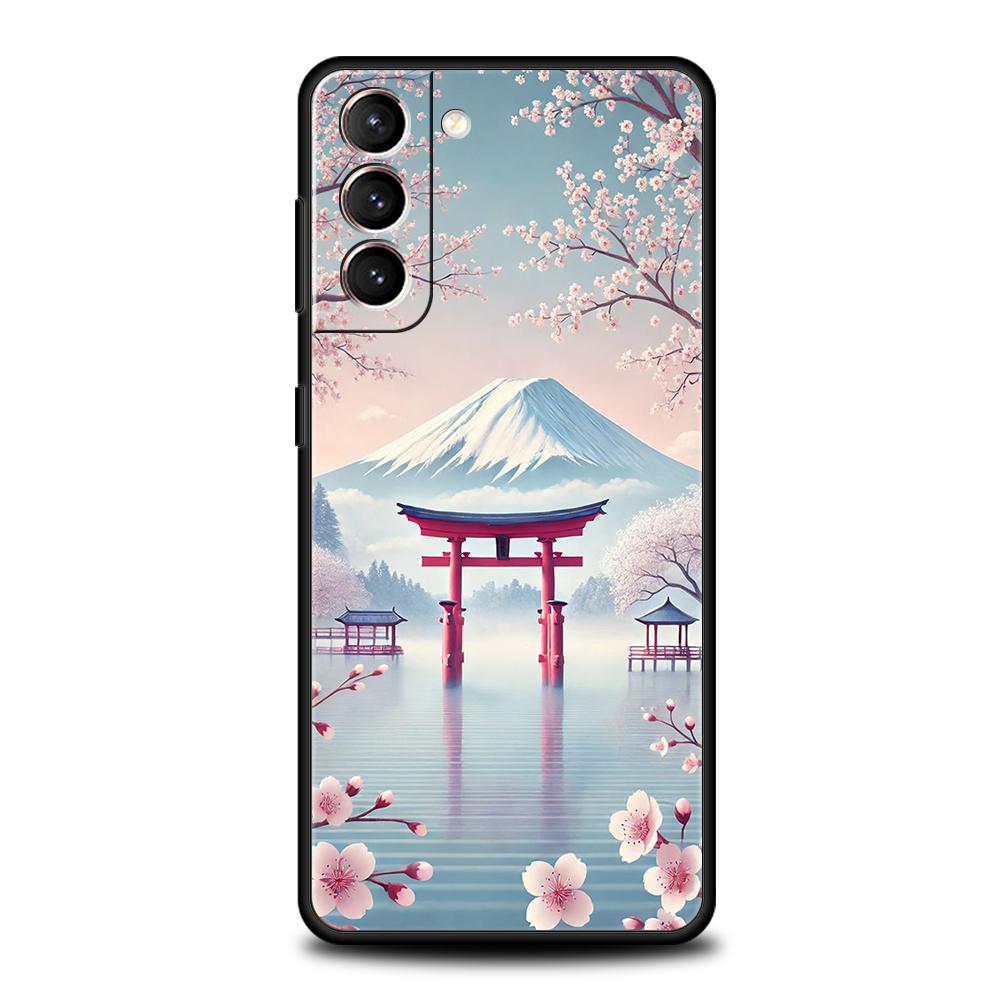 Japanese Style Temple And Cherry Blossoms Phone Case for Samsung Galaxy S25 S24 S23 S22 S20 S21 FE Ultra Plus S25Edge Soft TPU