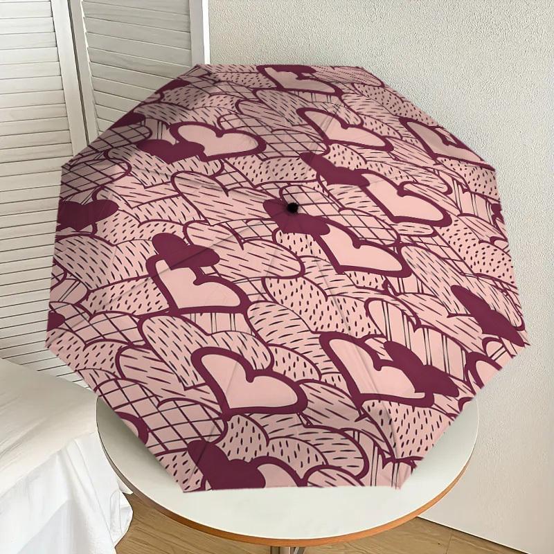 1PC Heart Pattern Umbrella-8-Rib Reinforced Portable Folding Travel Suitable for All Seasons Outdoor Daily Use-G336
