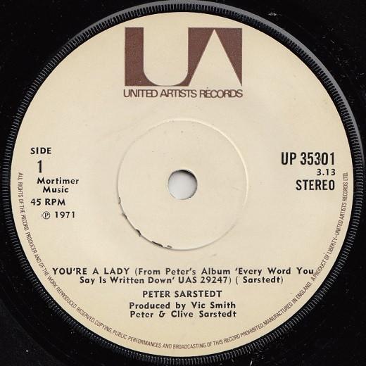 7-дюймовая пластинка ПИТЕР САРСТЕДТ - Ты леди / Бесполезный UP35301 United Artists 1971 Великобритания Поп Б/У