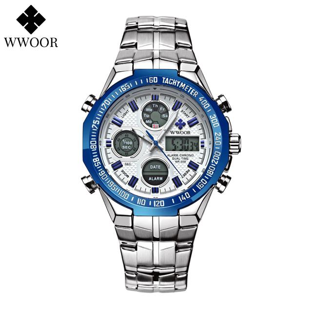 WWOOR Luxury Fashion Men Watch Sports Watch For Men Chronograph Dual Display Quartz Wristwatch Steel Band Waterproof Male Clock