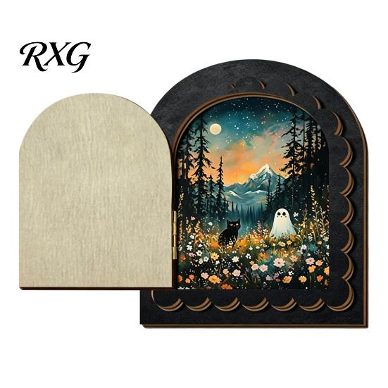 Decorative Halloween Fireplace Accent Cute Ghost Door Ornaments, Vintage Miniature Decoration, Retro Arched Tabletop Decor 3 Layer Openable