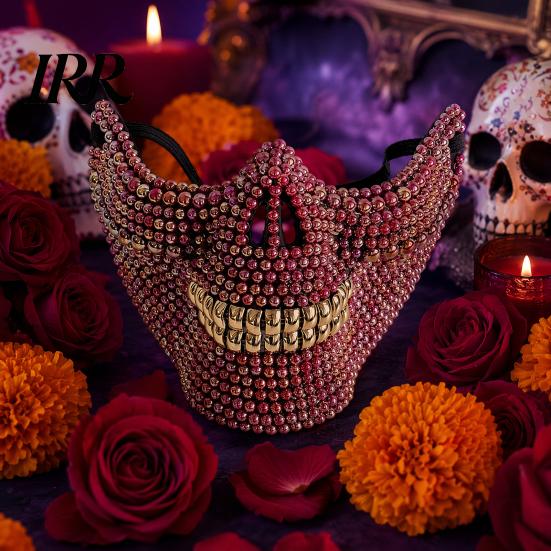Diamond Skull Half Mask Halloween Face Mask, Rhinestone Punk Knight Masquerade Prop Resistant Bending Skeleton with Adjustable Straps, Lightweight