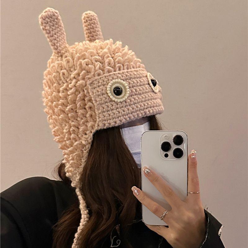 Green Funny Big Eyes Handmade Wool Knitted Hat Female Autumn And Winter Cute Little Monster Versatile Face Small Ear Protection Hat