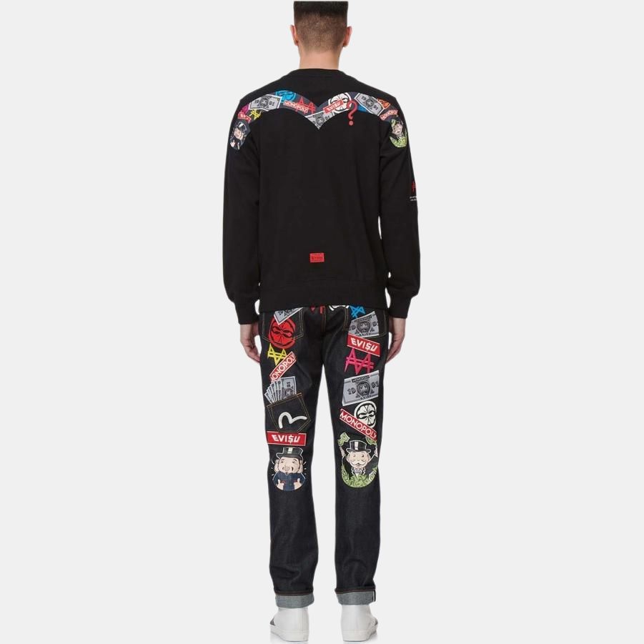 Evisu Свитшот с принтом в виде мультяшного узора и логотипа, круглый вырез, унисекс, черный, 2ESMOM2SW450XXCT