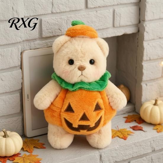 Fluffy Decorative Pillow Doll Halloween Pumpkin Bear Plush Toy, Soft Stuffed Animal for Kids, Festive Holiday Gift Children Cute Huggable Fall