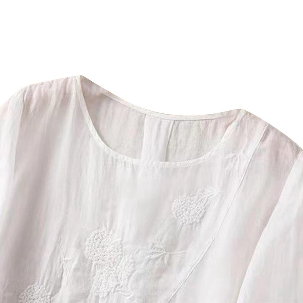 Женская модная футболка однотонная вышитая из хлопка и льна, топ больших размеров