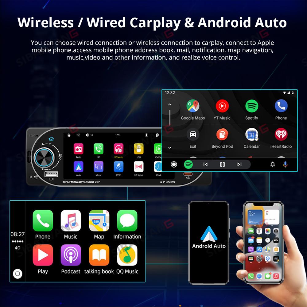 Универсальная 1DIN автомагнитола MP5 IPS HD Плеер с поддержкой беспроводного Carplay Android Auto Bluetooth FM AM RDS Стерео USB WIFI Видеоплеер 5,1-дюймовый цифровой дисплей
